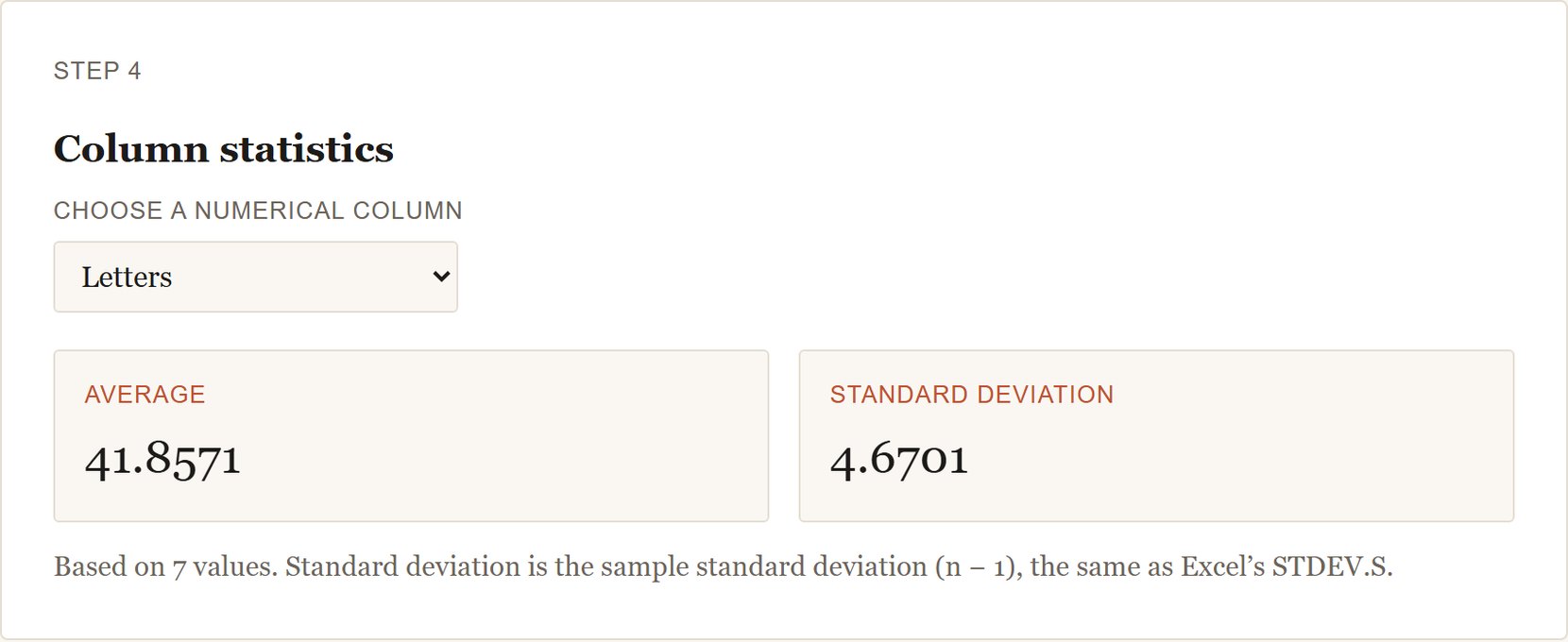 CSV Column Checker showing the average and standard deviation of a chosen column