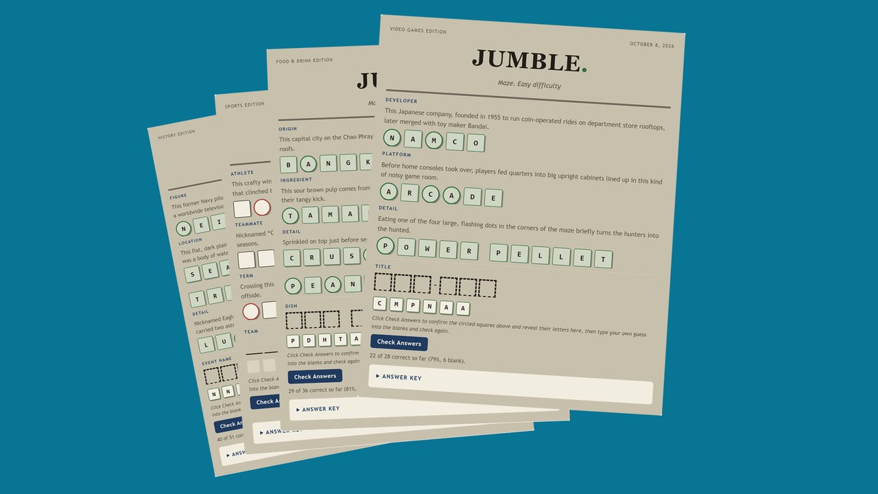 Four Jumble puzzles fanned out, with a Video Games puzzle labeled Easy difficulty in front